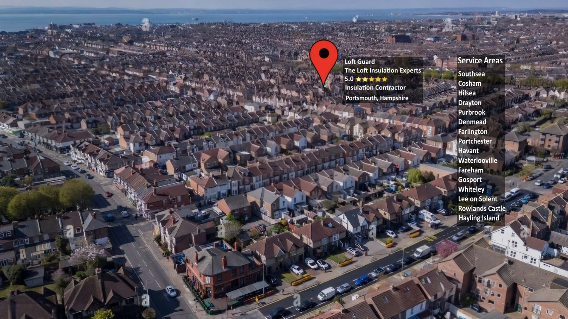 Loft Guard Portsmouth service area map showing Southsea, Cosham, Hilsea, Drayton, Purbrook, Denmead, Farlington, Portchester, Havant, Waterlooville, Fareham, Gosport, Whiteley, Lee-on-Solent, Rowlands Castle and Hayling Island