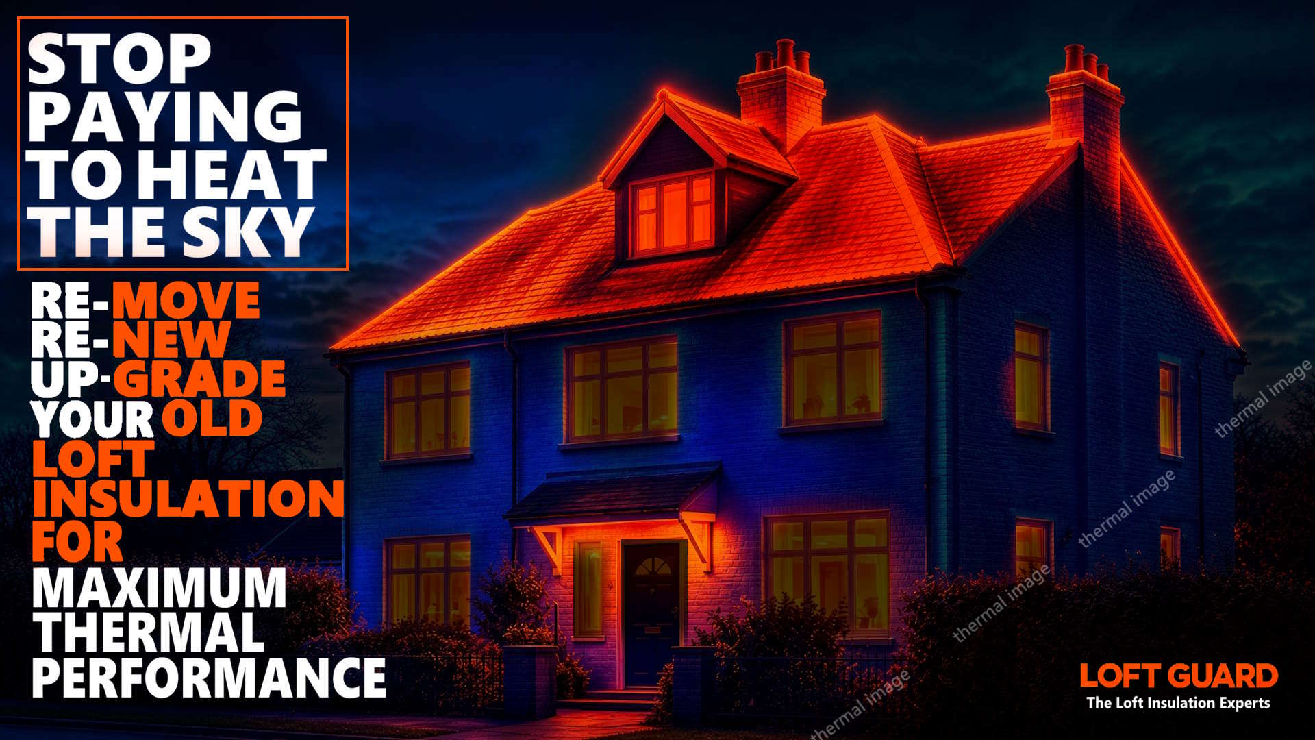 Thermal image of house losing heat in the winter because of low level loft insulation